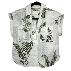 Anthropologie White Green Linen Botanical Leaf Print Short Sleeve Blouse WomenXS